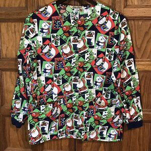 Comfy Cotton Christmas Scrub Snap Top XS Medical Multicolor 2 Pocket Long Sleeve